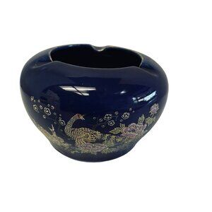 Vintage Yamato Ashtray JAPAN Cobalt Blue Porcelain Table Lighter Peacock Design